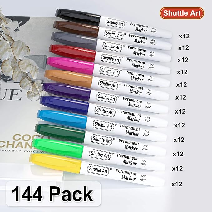 Shuttle Art 144 Pack Permanent Markers, Permanent Marker Assorted Colors, 12 Bright Colors Fine Point Permanent Markers For Students and Adult Coloring on Wood, Stone, Glass as Office, School Supplies