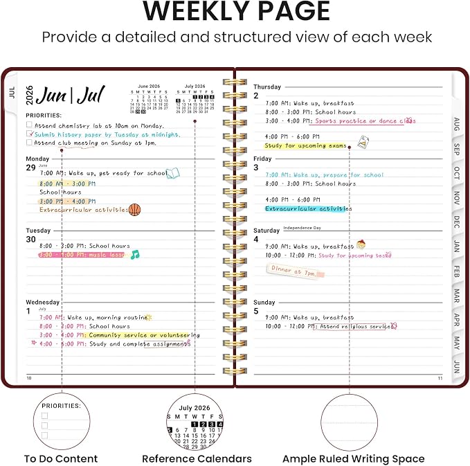 Planner 2026-2027 for Women & Men, Academic Monthly and Weekly Calendar Planner, Jul 2026 - Jun 2027, A4 (8.5" x 11"), Teacher Student Planning Book with Tabs, Ideal for Office School Supplies - Burgundy