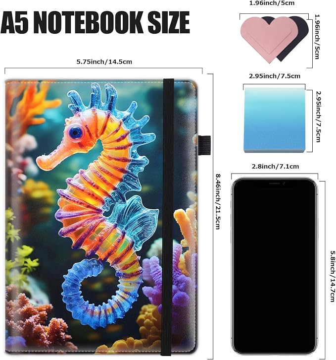 Hardcover Executive Notebooks, A5 PU Leather Lined Journal Notebook, 200 Pages Thick Paper Subject Notebooks for School,Work,Home Writing Business Notebook, Diary Book ，Colored Seahorse
