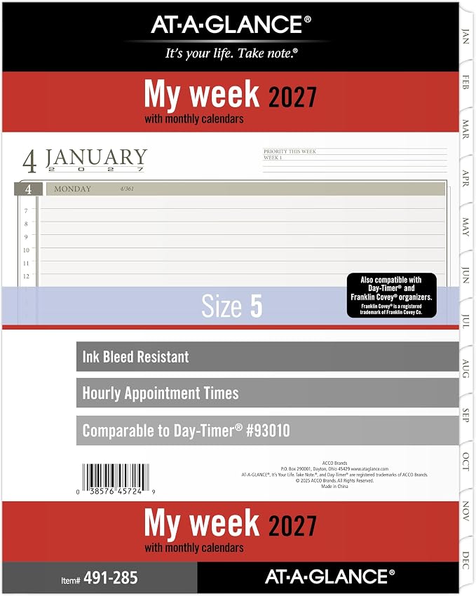 AT-A-GLANCE 2027 Planner Refill, Weekly, 8.5" x 11", Folio Size 5, Tabbed, 7-Ring Loose-Leaf (491-285-27)