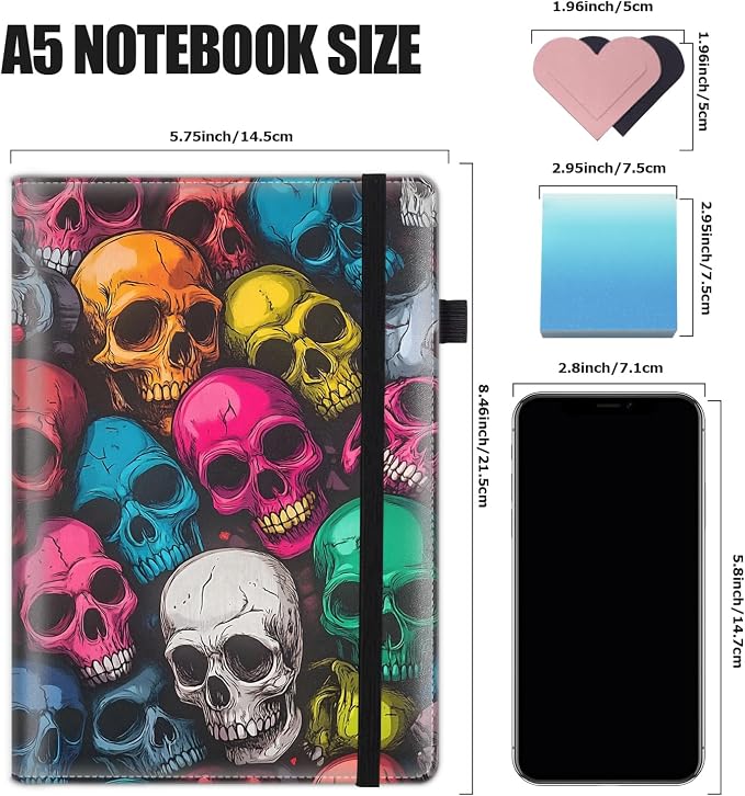 Hardcover Executive Notebooks, A5 PU Leather Lined Journal Notebook, 200 Pages Thick Paper Subject Notebooks for School,Work,Home Writing Business Notebook, Diary Book ，Colored Skull