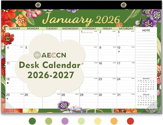 AECCN Desk Calendar 2026-2027 18 Months, 17" x 12" with Stickers | Ample Daily Writing Space | Thick No-Bleed Paper | Cute Flower Design | for Home, School & Office