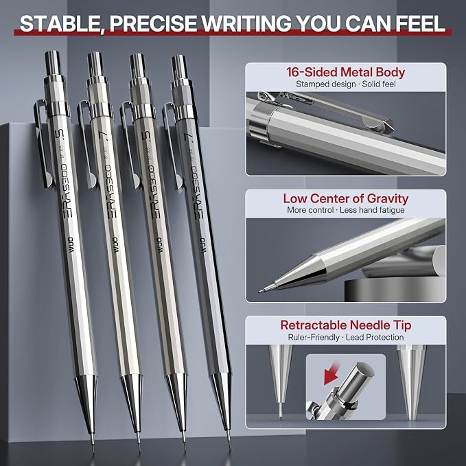 WUO 0.5&0.7mm Mechanical Pencil Set with Eraser Pen, 8PCS Metal Mechanical Pencils, 480 HB Lead Refills, 3PCS 4B Erasers, 10PCS Eraser Refills for Writing, Drafting, Drawing & Sketching