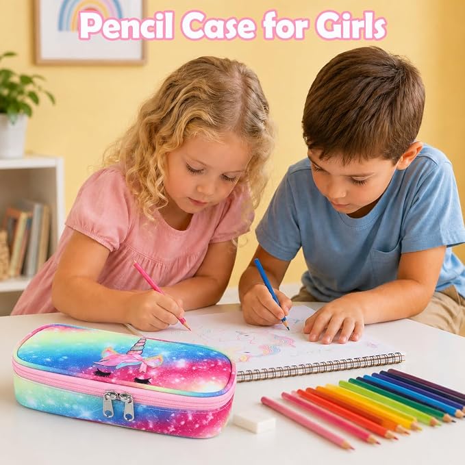 RHCPFOVR Kids Pencil Case for Girls-Soft Zipper Large Capacity Pencil Pouch for Girls Pencil Case for School Pencil Bag for Toddler (Rainbow Unicorn Flower)