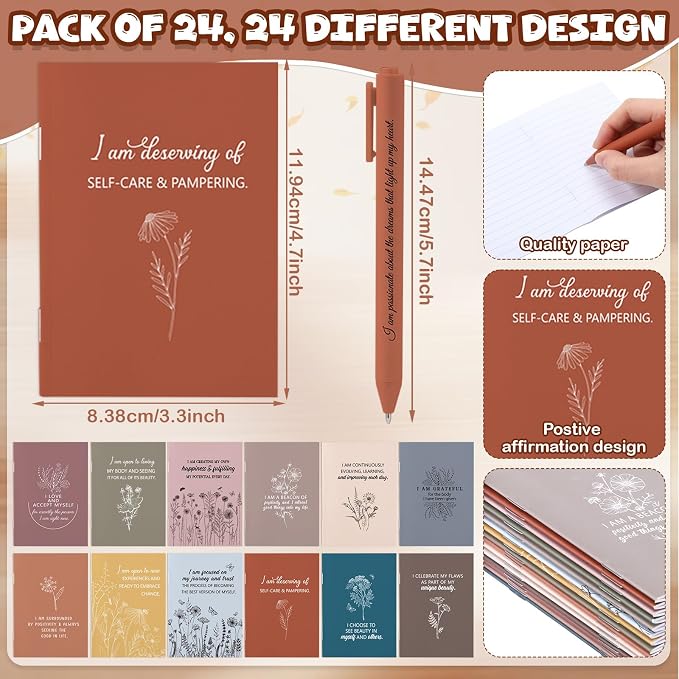 Mooliwe 24 Pcs Positive Affirmation Gift Set Gratitude Notebooks with Pens Small Bags Motivational Encouragement Notepads Daily Affirmations Journal for Women Stress Relief Self Care (Soft)