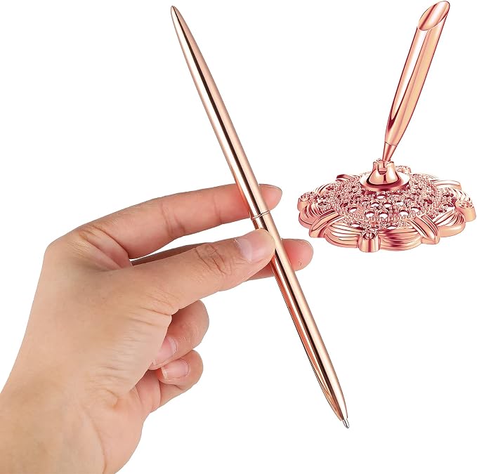 Outus 2 Pieces Wedding Pens for Guest Book Pen with Metal Hollow Round Holder Stand Set for Wedding Bridal Engagement Reception Supplies(Rose Gold)