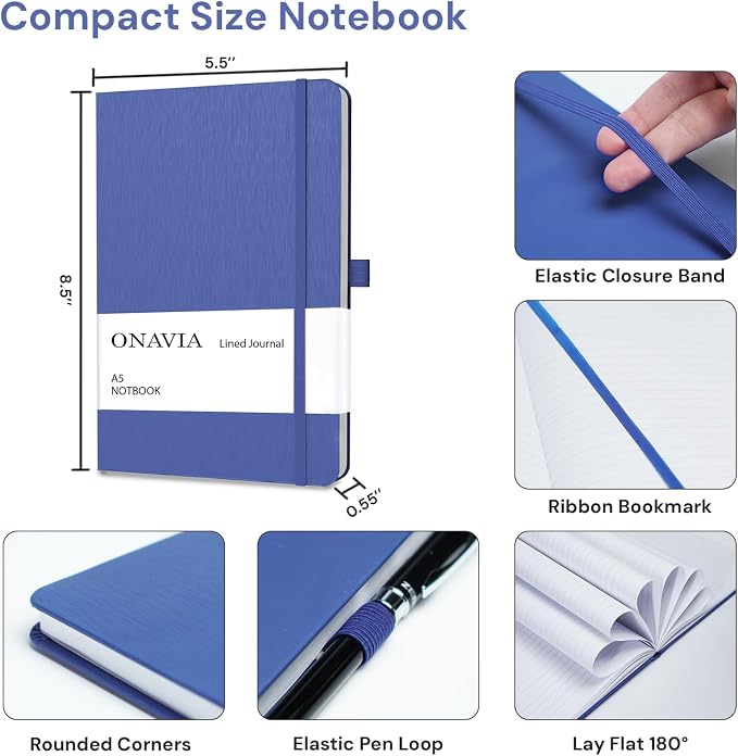 ONAVIA A5 Notebooks for Work, Lined Journal, 3 Pack, 160 Pages, Assorted | 80 Sheets, 5.8 x 8.3 in, Lay Flat, College Ruled, A5 Hardcover Journal, Lined Notebook for Work, School, Note Taking