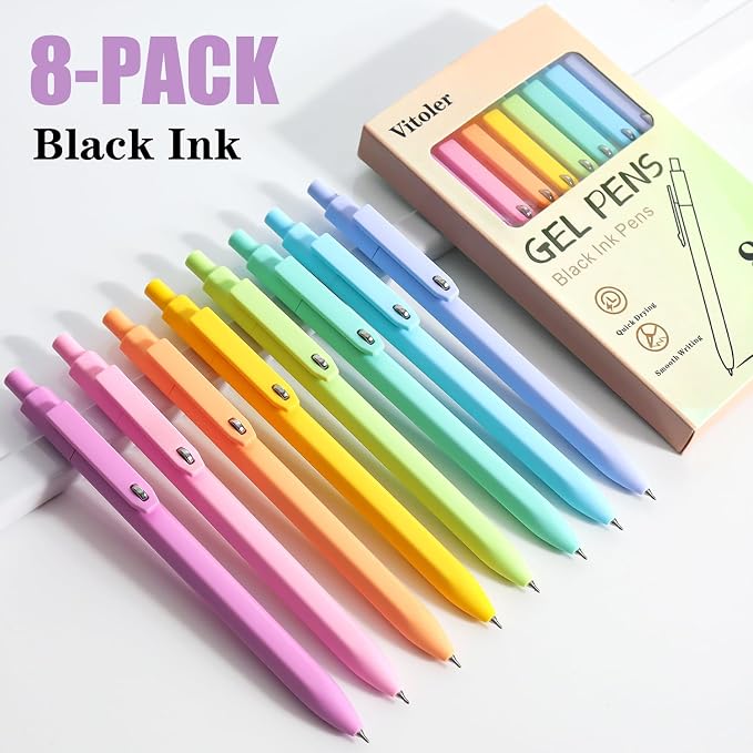 Piochoo Gel Pens, 8pcs Black Ink Pens 0.5mm Smooth Writing Pens,Cute Color Pens for Journaling Desk Accessories Office School Supplies Gifts for Women Nurses