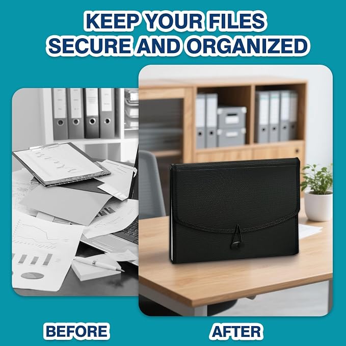 H4D 13-Pocket Accordion File Organizer, Expanding File Folder, Black | Extra Back Mesh Pocket, Letter Size Paper, Pre-Printed and Customizable Labels, Expandable Document Organizer