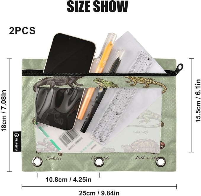 Green Animal Pencil Pouch for 3 Ring Binder 2 Pcs Pockets Pencil Pouches Bag with Clear Pencil Case Cosmetic Bag for Storing College Office Supplies