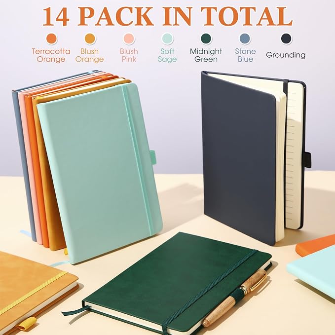 Laumoi 14 Pack Hardcover Journal Notebooks Bulk A5/A4/B5 Journaling Notebook Wide Ruled PU Leather Ruled Lined Journals with Pen Holder for School Business Work Writing (Earth Tone,A5)