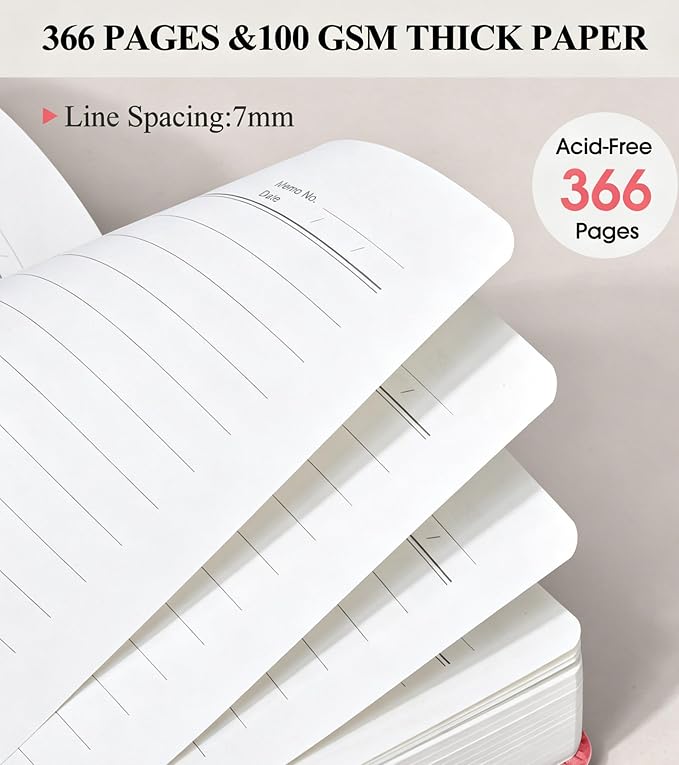 PAIBAS A5 Journal Notebook College Ruled 366 Page Leather Journal for Women | Medium notebook A5 journal with 100gsm lined notebook paper, 3 ribbon bookmarks, cover pocket & brass snap button 5.9"x8.4"
