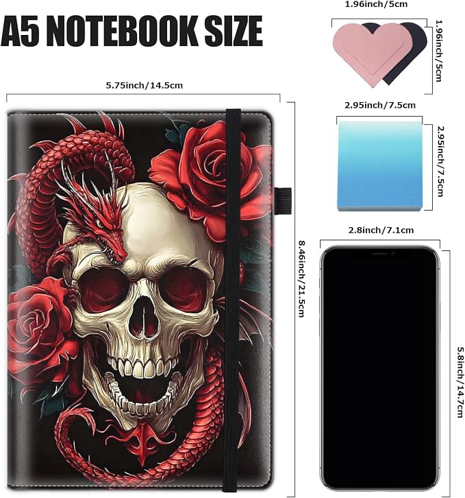 Hardcover Executive Notebooks, A5 PU Leather Lined Journal Notebook, 200 Pages Thick Paper Subject Notebooks for School,Work,Home Writing Business Notebook, Diary Book, Red Dragon and Skull Flowers