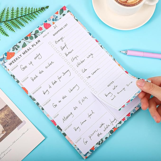 Thboxes 60 Sheets Magnetic Weekly Meal Planner for Fridge, Grocery List Pad | Tear-Off Shopping List, 7 x 10 In, Flower Design, Full Backing Grip, for Meal Prep, Kitchen, Families, Parents, Home Office