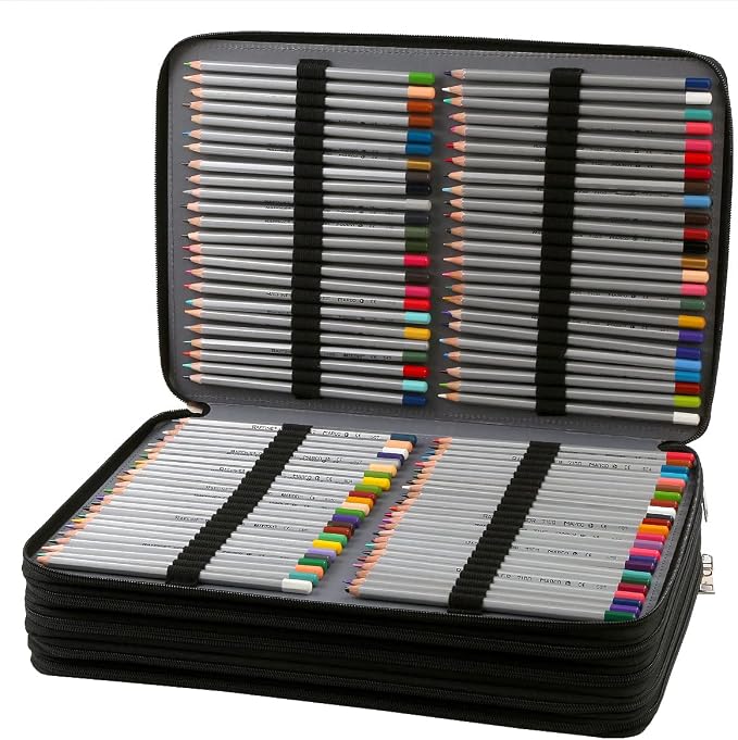 480 Slots Pencil Case, 5-Layer Organizer with Shoulder Strap | 5-layer twill oxford case with 480 elastic slots, carry handle, removable strap, and outer pocket for phone or keys.