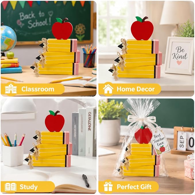Fangoo 4Pcs Back to School Table Decorations Wooden Pencil Block Stack Sign Red Apple Table Centerpieces First Day of School Tiered Tray Gifts Decor for Home Classroom Teacher Desk Shelf Mantel