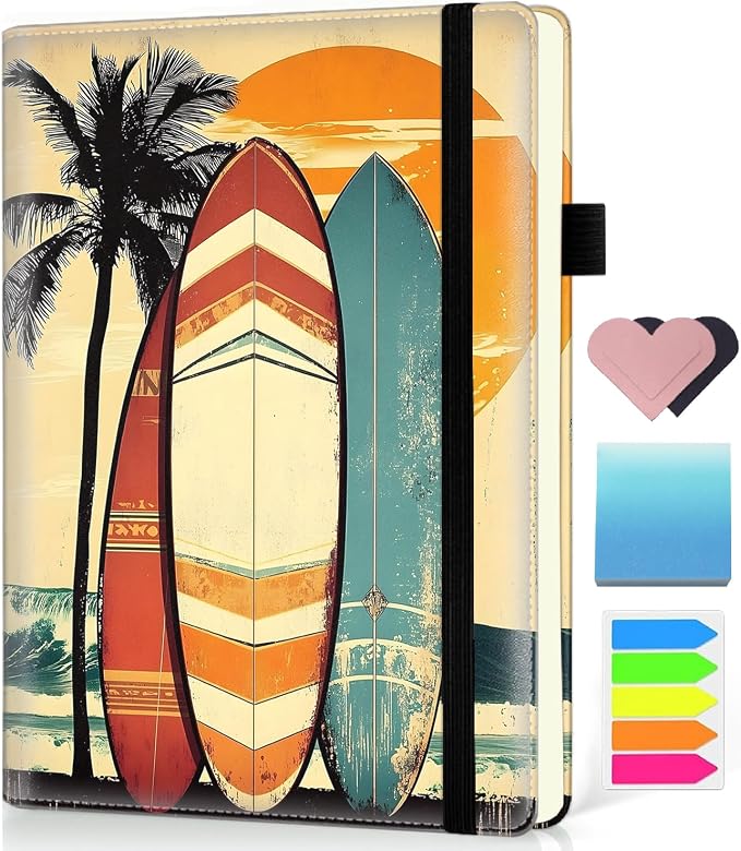 Hardcover Executive Notebooks, A5 PU Leather Lined Journal Notebook, 200 Pages Thick Paper Subject Notebooks for School,Work,Home Writing Business Notebook, Diary Book ，Surfing Islands