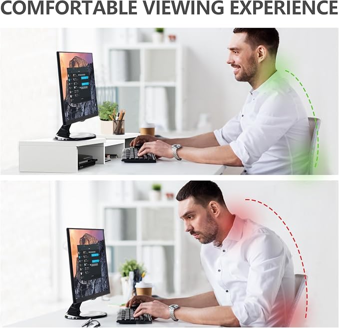 TAVR Dual Monitor Stand Riser, Wooden Computer Monitor Stand for 2 Monitors | Extra Long Multifunctional Desktop Organizer Riser for TV, PC Monitor, Laptop, Printer, Max 43.3" Length, White