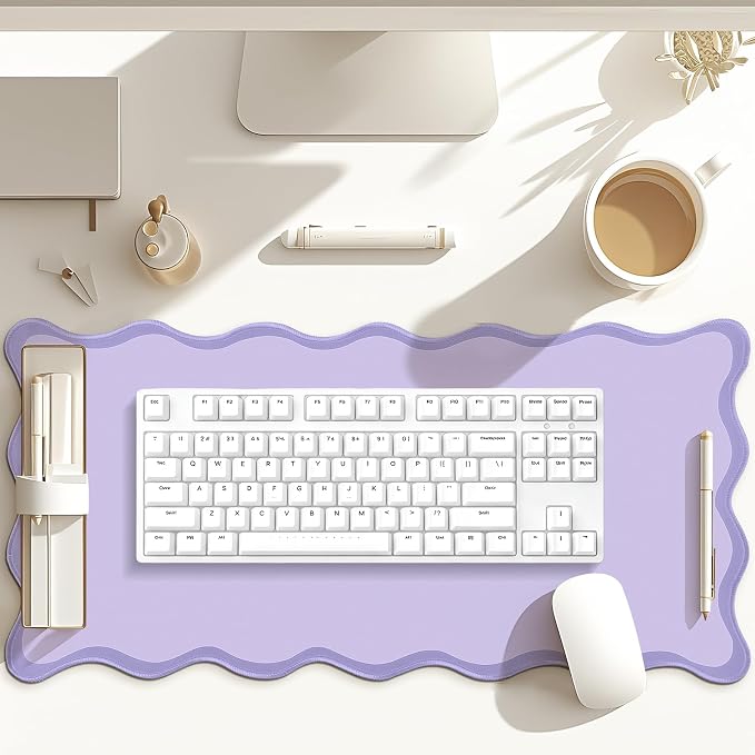 Hahafelt Scalloped Desk Mat Large Desk Pad Cute Coquette Table Mat Back to School Preppy Table Make up Pad Nonslip Graduation Gift with Stitching Waterproof Gaming(Purple,31.5 x 15.8 Inches)