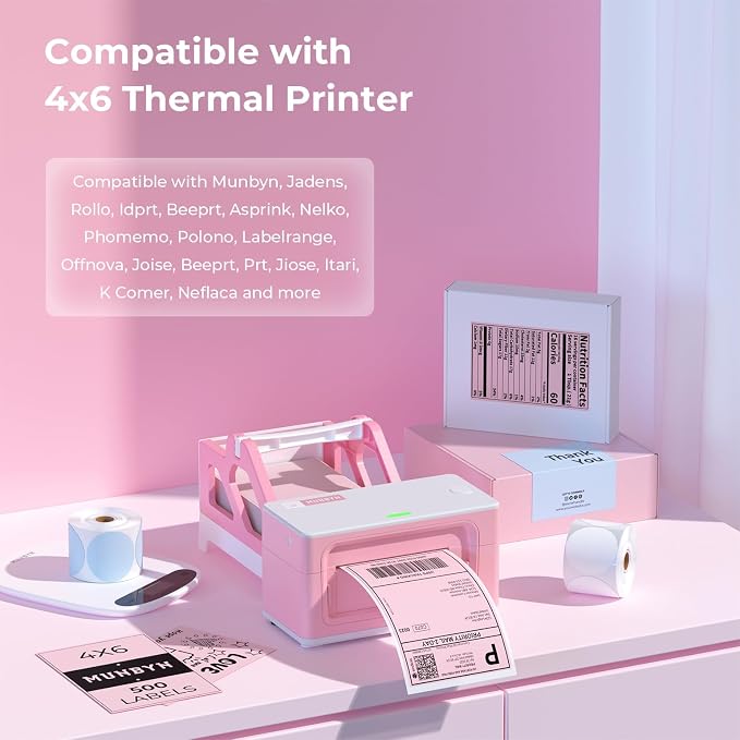 MUNBYN 4x6 Inch Pink Thermal Printer Labels for Packages, 500 Sheets/Stack | 4"x6" Fanfold Shipping Labels, No BPA and BPS, Print Clear and Sharp, Strong Adhesive, Compatible with Most Thermal Printers