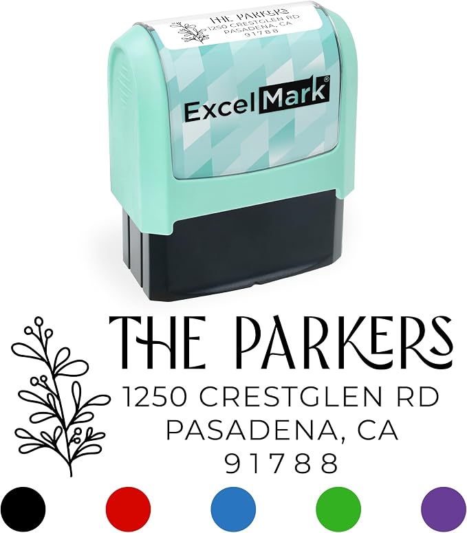ExcelMark Address Stamp - Custom Return Address Stamp with Elegant Designs, Vibrant Colors & Patterns – Perfect for Mail, Invitations & Gifts (Seafoam, Foliage Edge)