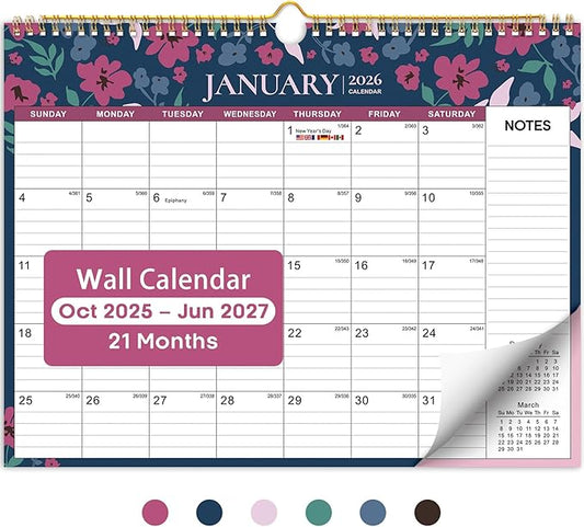 Calendar 2026-2027, 21-Month Wall Calendar Runs Until Jun 2027, 11.5" x 14.7",Large Monthly Calendar with Twin-Wire Binding, Perfect for Home or Office -Twilight Petals