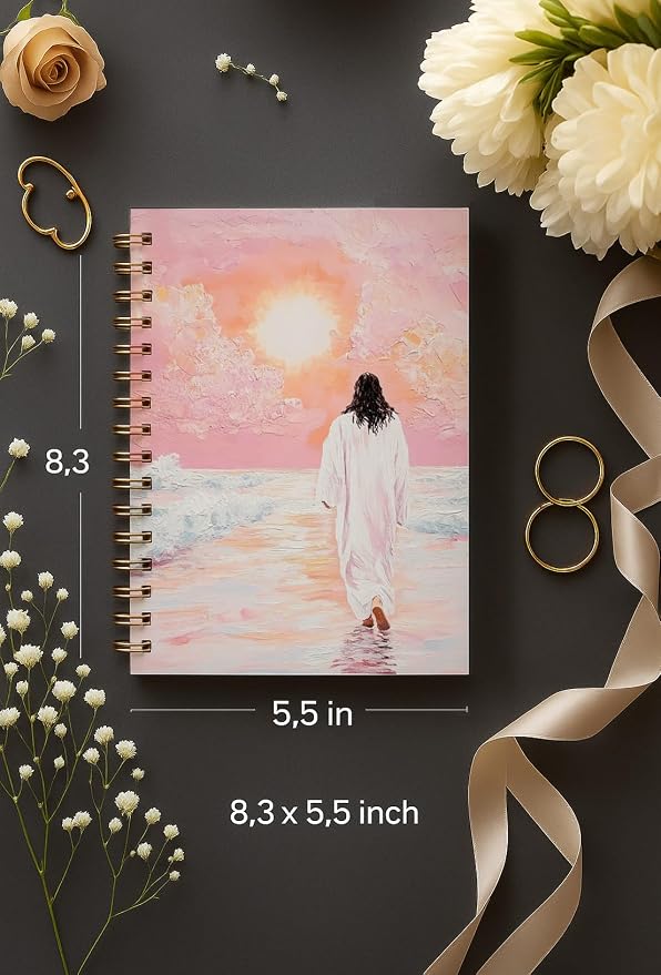 bitCNY Spiral Notebook 8.3 x 5.5 Inches, Jesus Walking on Water Painting Cover, Christian Art Journal, Lined Notebook for Devotion and Daily Writing