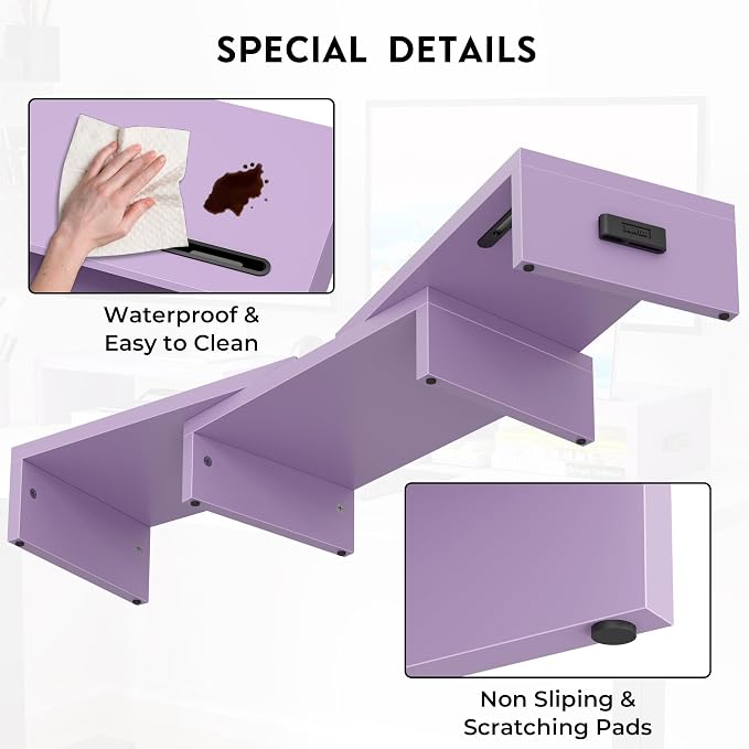 BONTEC Dual Monitor Stand Riser with Smartphone Holder, Adjustable Length & Swivel Angle, Ergonomic Wooden Desktop Organizer for PC Monitor, Laptop, Printer, Large Storage, 42.5 in, Purple