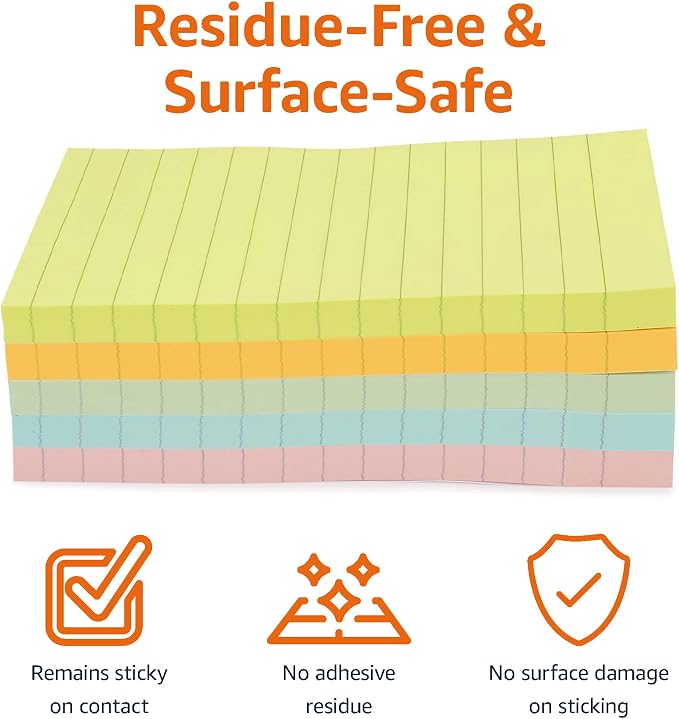 Amazon Basics Lined Sticky Notes, 4x6" Self-Stick Pads with Clean Removal Adhesive for To Do List, Home, Office, Notebook, Assorted Colors, 100 Sheets/Pad, Pack of 5