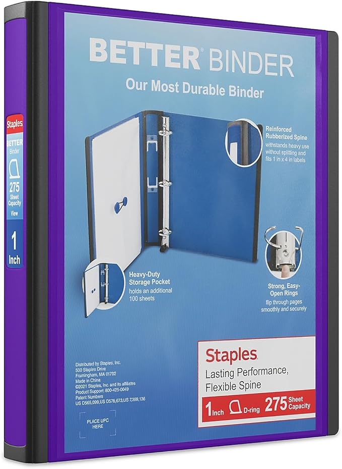 Staples Better Binder 1-Inch D-Ring View Binder, Reinforced Spine, Holds Up to 275 Sheets, Purple, for Office & School