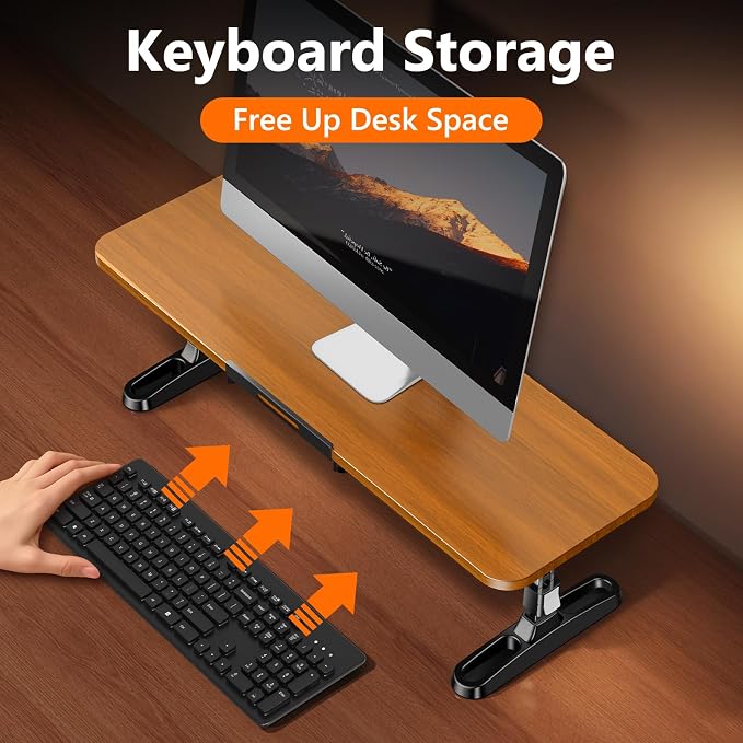 Ergonomic Wooden Monitor Stand Riser with Height Adjustable Button | One Touch Height Adjustable, Hidden Phone/Tablet Holder, Keyboard Storage Organizer, for Home Office Desktop