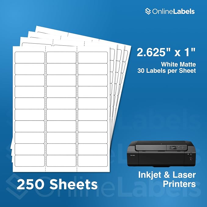 OnlineLabels 2.625" x 1" Address Labels - White Matte - 250 Sheets | Permanent Adhesive, Blank Rectangle Labels, Inkjet & Laser Compatible, Ideal for Address, Shipping, & Barcodes