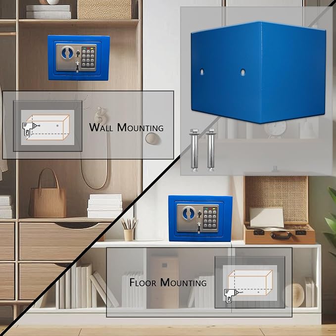 Yuanshikj Small Steel Security Safe Box with Keypad,Key;0.23 Cu Ft, Blue | Electronic Digital Secure,9.1" W x 6.7" D x 6.7" H,Hidden for Home Dorm Apartment Hotel Office Cash Jewelry Storage
