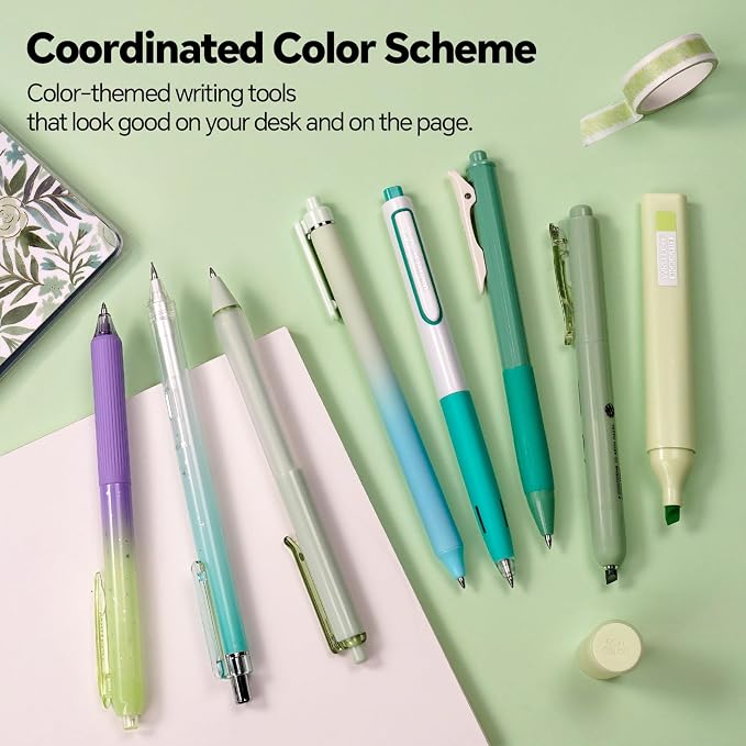 WRITECH Gel Pens Journaling Highlighters: Green Journal Set Assorted Pastel Color 0.5mm&0.7mm Fine Point Retractable Black Ink Pen Mechanical Pencil Smooth Writing Drawing 8ct