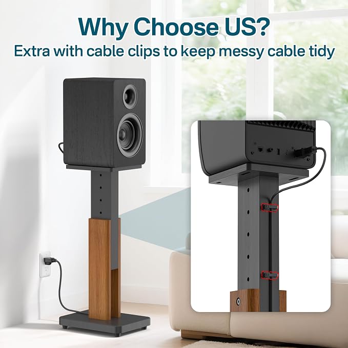 Height Adjustable Speaker Stands Pair with Most Satellite, Studio, Bookshelf Speakers - Wood Grain Floor Speaker Stands for Klipsch, Edifier, JBL Bookshelf Speaker Stands Holds 50Lbs with Cable Clips