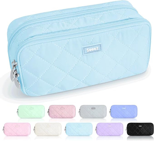 Sooez Large Pencil Case Pouch, Extra Big Pencil Bag with 8 Compartments, Pen Bag Wide Opening, Soft Quilted Pencil Pouch Organizer with Zipper, Portable Pencil Case for Teen Girls, Sky Blue