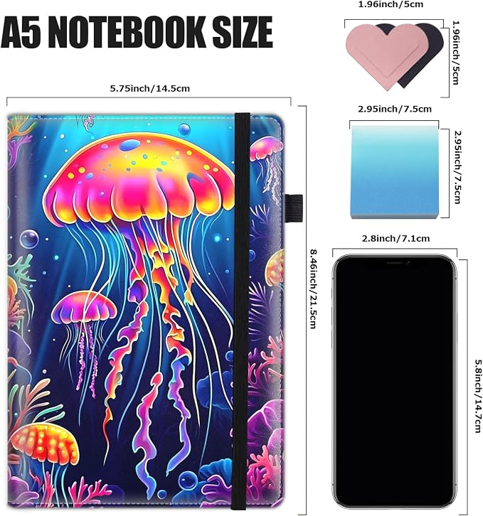 Hardcover Executive Notebooks, A5 PU Leather Lined Journal Notebook, 200 Pages Thick Paper Subject Notebooks for School,Work,Home Writing Business Notebook, Diary Book ，Colorful Large Jellyfish