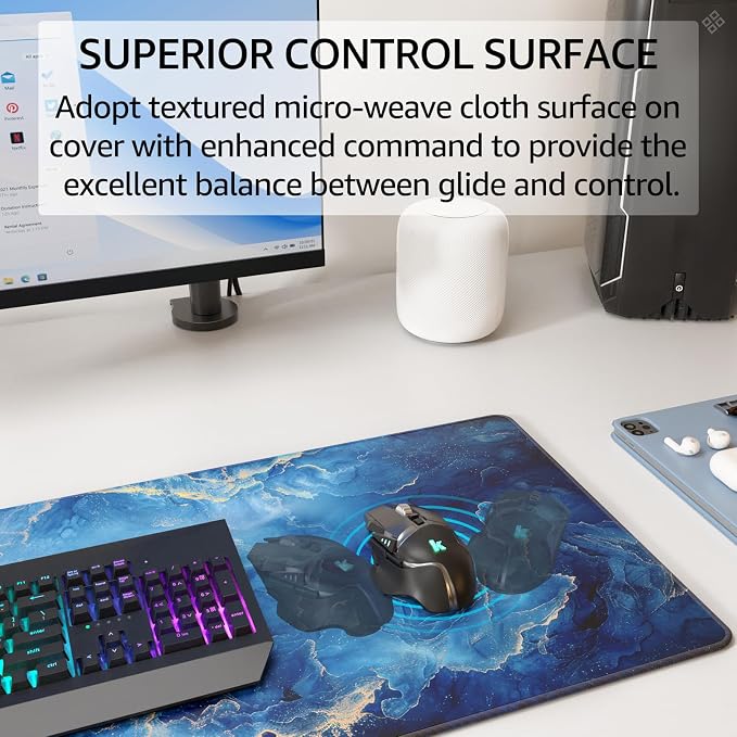 KTRIO Large Gaming Mouse Pad, Desk Mat, 31.5 x 11.8 in, Blue Marble, XL | Smooth Micro-Weave Surface, Artistic Pattern Design, Non-Slip Rubber Base, Durable Stitched Edges, Office & Home Use