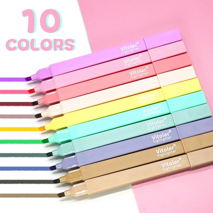 Vitoler Aesthetic Highlighters, Pastel Color, No Bleed, Chisel Tip 10Pcs | assorted color,dry fast,long lasting high for bible study,books,journal,writing,school office