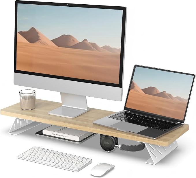 Fenge Monitor Stand Riser, Wooden & Metal Desk Shelf Organizer, Oak | 31.5 Inch Computer Stand for Compact Work Station, Multifunctional Monitor Shelf for Laptop, PC, Printer