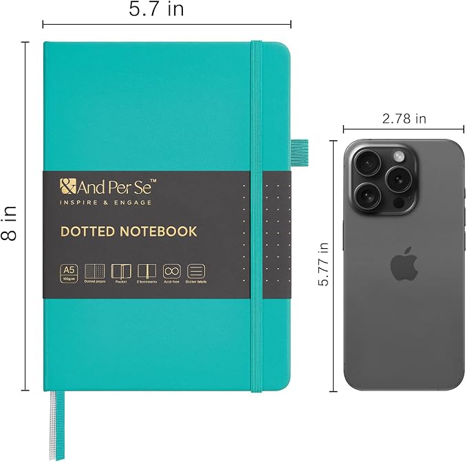 &And Per Se Dotted Journal Notebook, A5 Hardcover Leather Dotted Journal, 160 Pages 100gsm Thick Dot Grid Paper, 3 Sheets of Stickers Included - 5.7'' x 8'' (Turquoise)