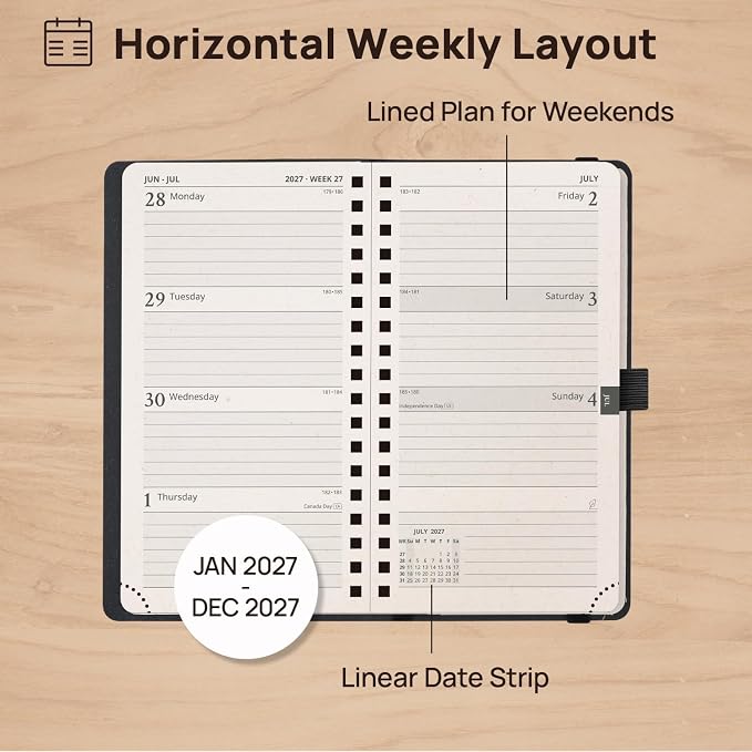 POPRUN 2027 Recycled Pocket Planner (Slim Size 3.5'' x 6.5'') Calendar Book | Weekly and Monthly Planner for Purse with Hourly Time Slots, Italian Regenrated Leather, Spiral Soft Cover - Black Grey