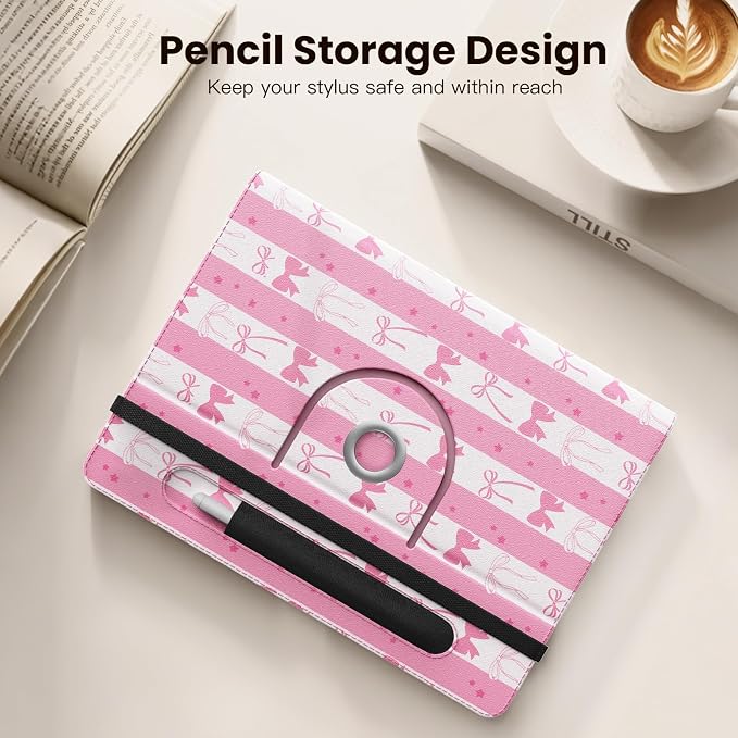 MoKo for Universal 11 inch Android Tablet Case with Pen Holder, Pink Bow | Fits All 9.6-11 inch Tablets, Slim 360 Degree Rotating Cover, Multi-Angle Stand, Front Pocket, No fit iPad/NO back opening