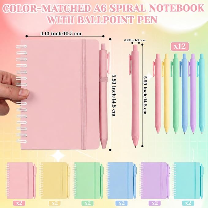 Fulmoon 12 Set Small Spiral Notebooks A6 with Pens Bulk, Multicolor 4" x 6" Pocket Notebooks Mini Lined Journals 50 Sheets for Back to School Supplies Students Rewards Office Gifts (Dream Pastels)