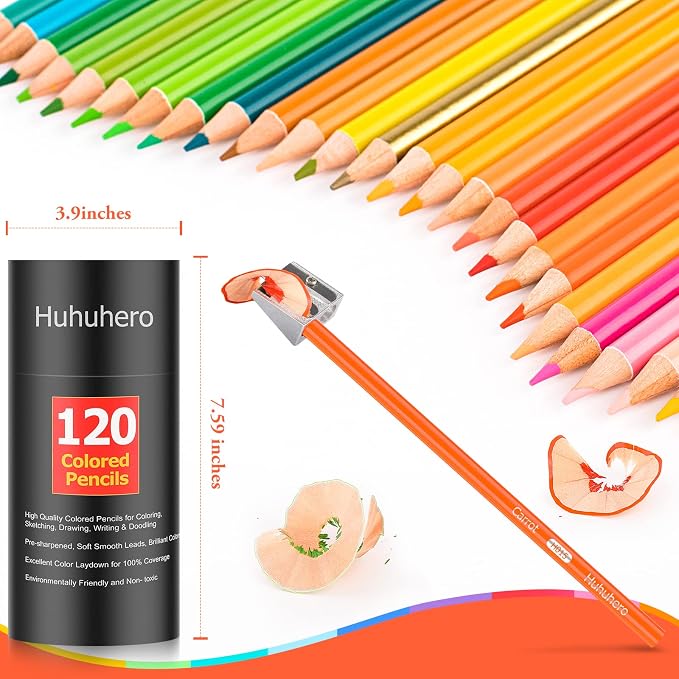Huhuhero 120 Colored Pencils, Art Color Pencils for Adult Coloring Book | Vibrant Oil-Based 120 Colors, Soft Cored Smooth Laydown, Break-Resistant, Coloring Kits for Coloring Books, Sketching
