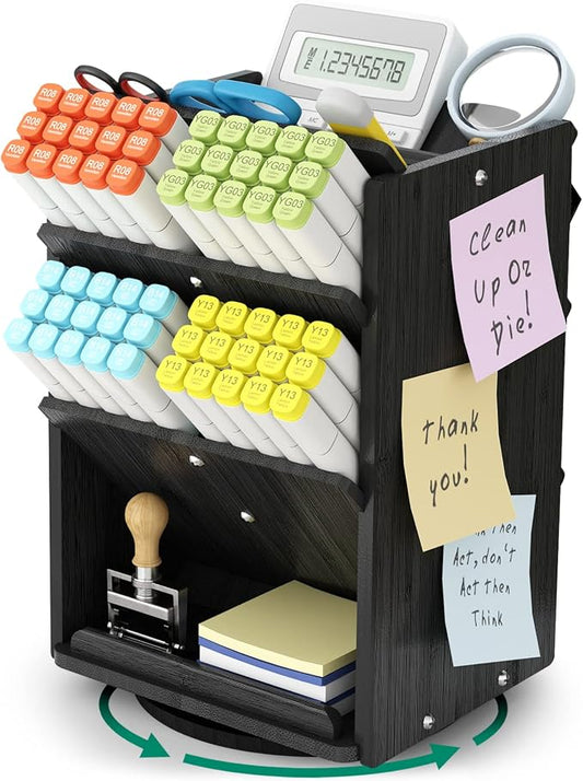 Bamboo Rotating Large Desk Organizer - Darfoo Art Supply Organizer, 13 Compartments, 1000+ Pencil Holder Capacity, Easy DIY Assembly, Spinning Desktop Organizer for Home Office Supply (Black)