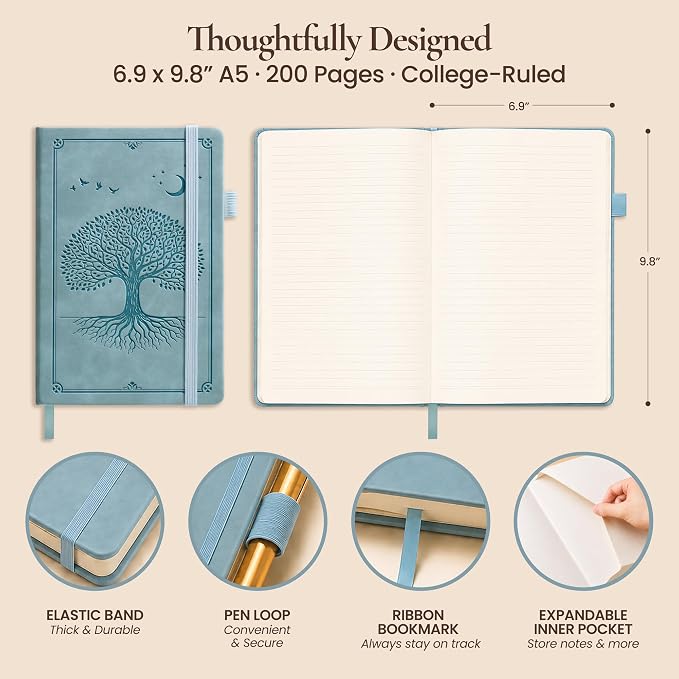 Lined Journal Notebook Hardcover Leather Bound 200 Pages B5 Blue Diary | College Ruled 6.9x9.8" Journaling Notebooks for Men & Women, Writing for Personal, Large Travel Daily Note Book Tree of Life