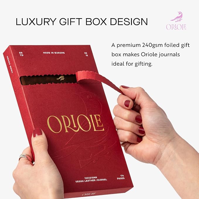 Oriole Vegan Leather Ruled Notebook - Chestnut Brown | 176 Pages of Thick Lined Paper | Soft Touch Hardcover Journal (5 x 8 in) with Gold Foil Bird Design & Luxury Gift Box