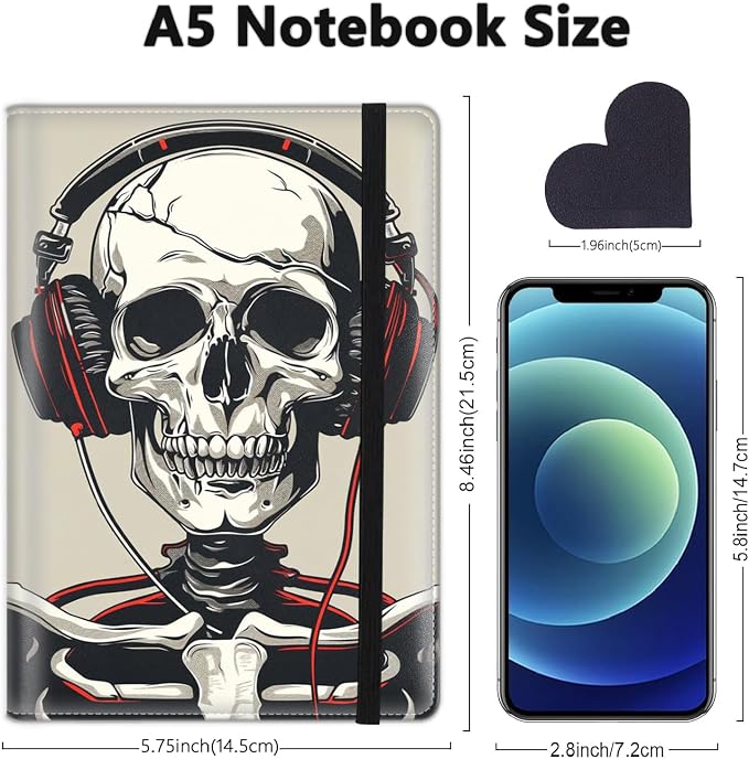 A5 Leather Lined Journal Notebook, 200 Pages Hardcover Executive Notebook for Men Women Office School Note Taking, Thick Writing Paper Daily Journal with Bookmarks/Indexes,Skeleton Skull