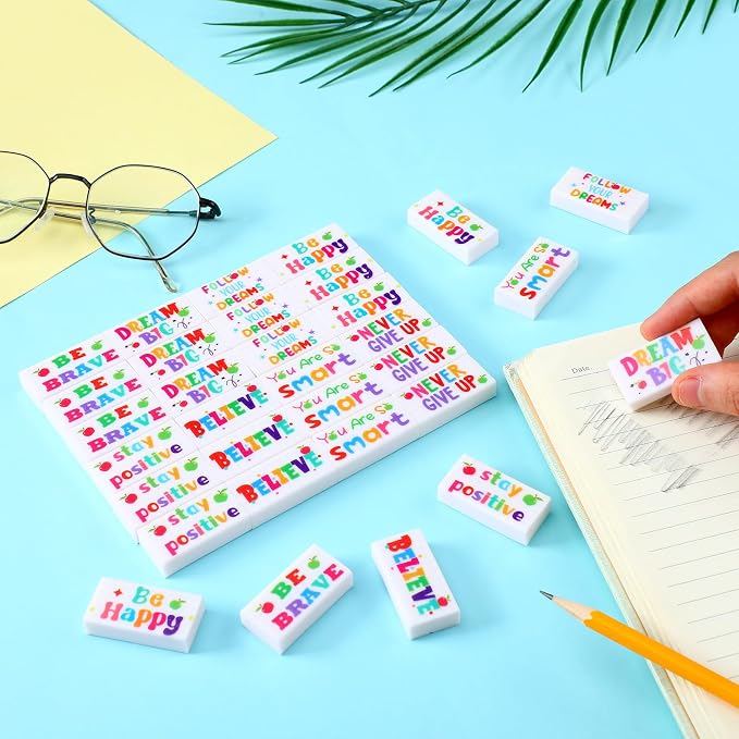 Dunzoom 100 Pcs Back to School Inspirational Pencil Erasers Bulk for Kids Fun Motivational Eraser School Office Supplies for Students Classroom Office Teacher Artists(Lovely)